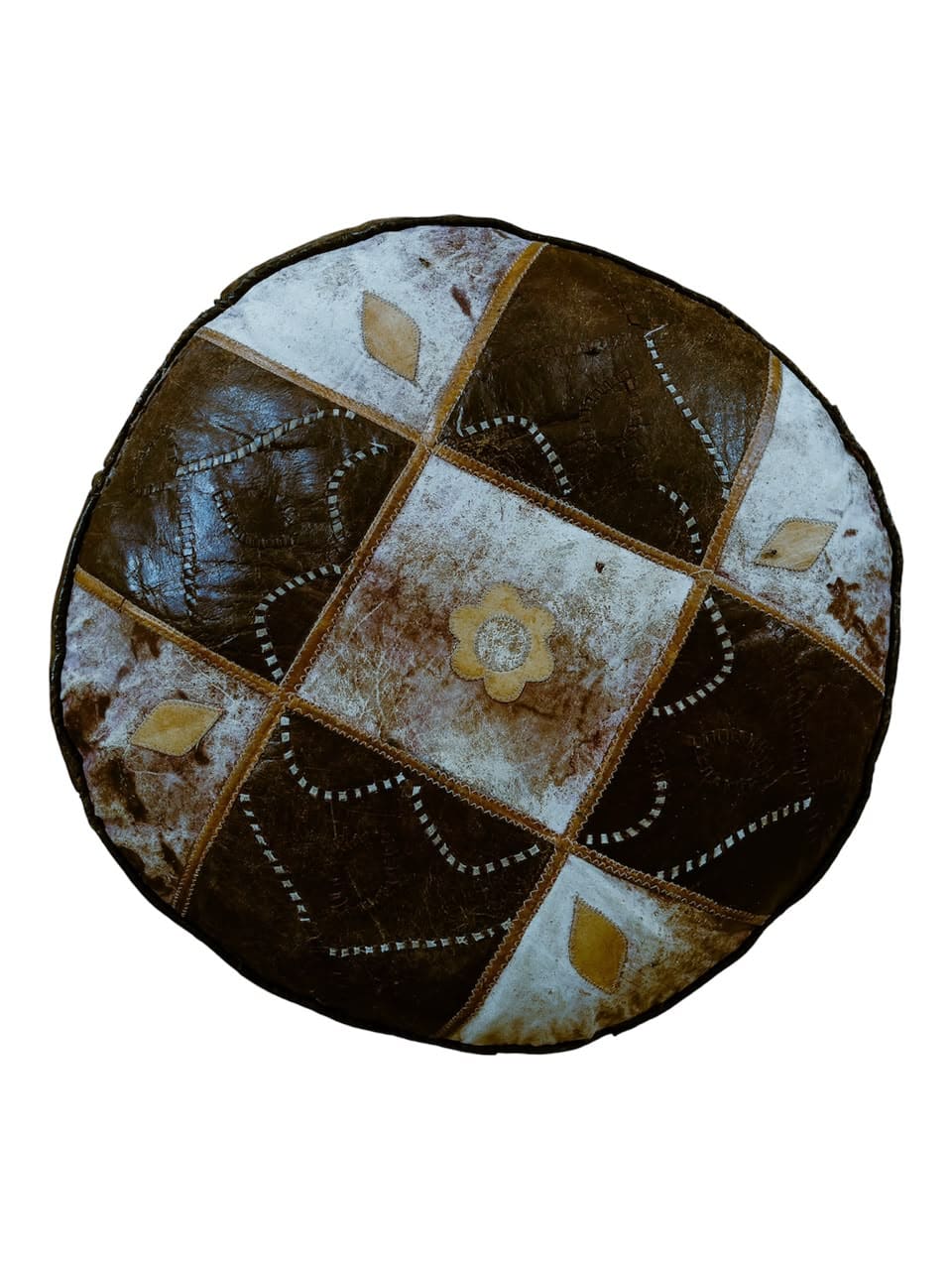Hausa leather pouf, patchwork with hand stitching